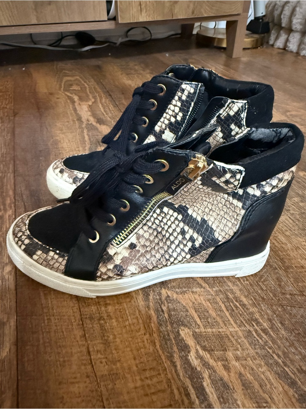 ALDO Snakeskin Print Hidden Wedge Sneakers Black & Gold